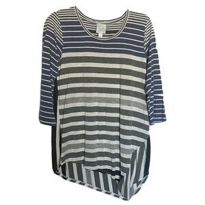 DB Sunday Shirt Top Womens Medium Striped 3/4 Sleeve High Low Stretch Scoop